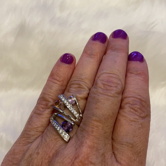 Sterling Silver Ring, purple pink  AAA CZ  faceted Stones, unique statement ring - Picture 10 of 11